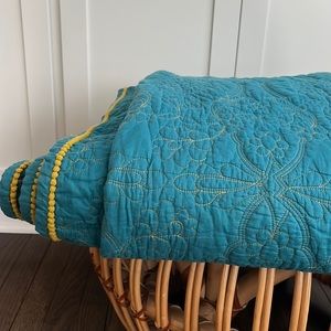 Anthropologie queen quilt teal/navy with chartreuse stitch details